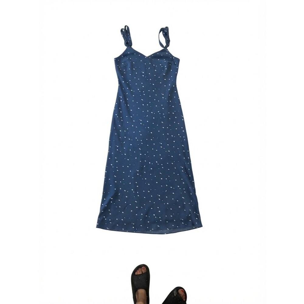 Tavik Womens XS Blue White Polka Dot V-Neck Sleeveless Midi Slip Dress Coquette